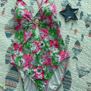 Lilly Pulitzer Pink & Green Halter One-Piece Swimsuit with Medallion